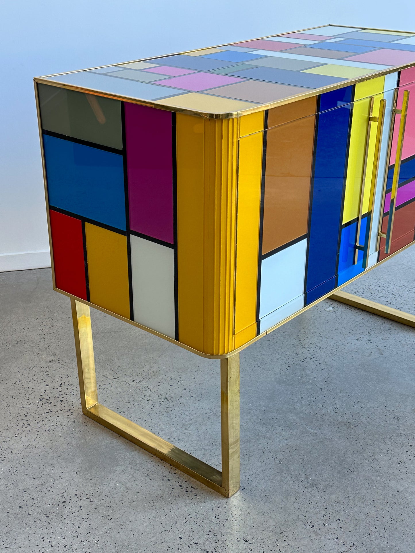 Murano Glass Sideboard With Brass And Wood Structure