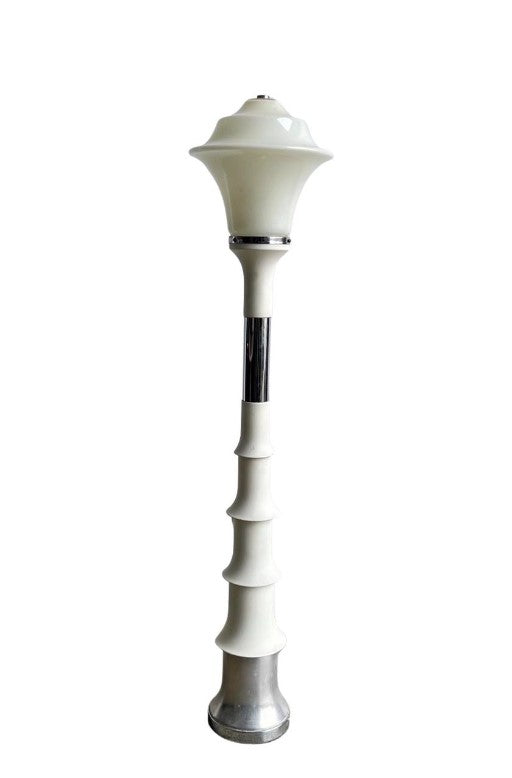 Carlo Nason mid-century modern style floor lamp with a white Murano glass shade and chromed metal parts, including a central chrome rod and base.