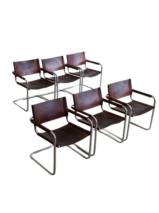 Set of six S34 chairs by Marcel Breuer, 1970s, brown leather and chrome Mid Century Modern design.