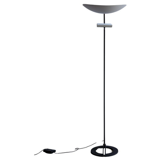 "Zen" Floor Lamp by Ernesto Gismondi, halogen floor lamp with a round shaped aluminium shade and a small lamp under the shade, standing on a heavy black base, with a foot dimmer switch.