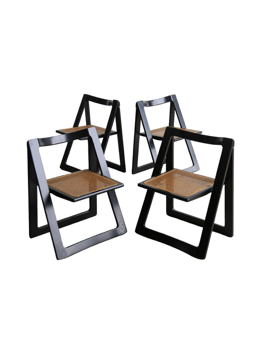 Set of four Italian mid-century folding chairs by Aldo Jacober for Bazzani, lacquered beech and Vienna straw, 1960s