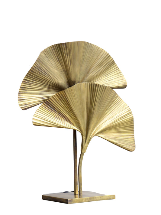 Contemporary brass table lamp with a square base and two Ginko leaf-shaped lampshades in a bronze finish.