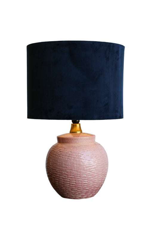 Italian 1970s ceramic table lamp with pink glazed base and navy velvet shade
