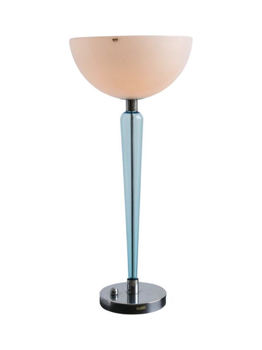 Coppa Table Lamp by Jeannot Cerutti for Ve-Art mid-century modern table lamp with a light blue and white blown Murano glass shade on a chromed metal base.