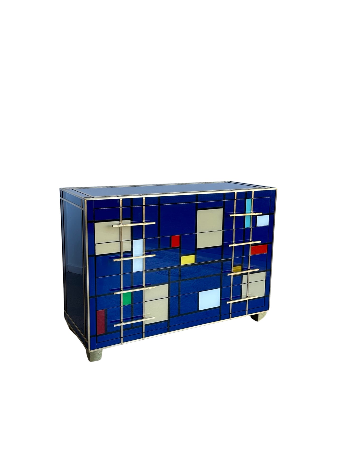 Italian Contemporary Murano blue Glass, Brass & Wood Chest of Drawers