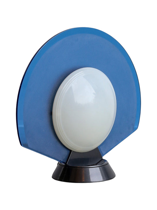 A vintage Tikal table lamp with a blue tinted glass globe and a white perspex lampshade, mounted on a grey lacquered steel base.