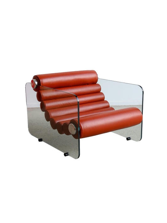 A vintage Hyaline armchair with thick leather rolls and a glass plate base, designed by Fabio Lenci in the 1970s.