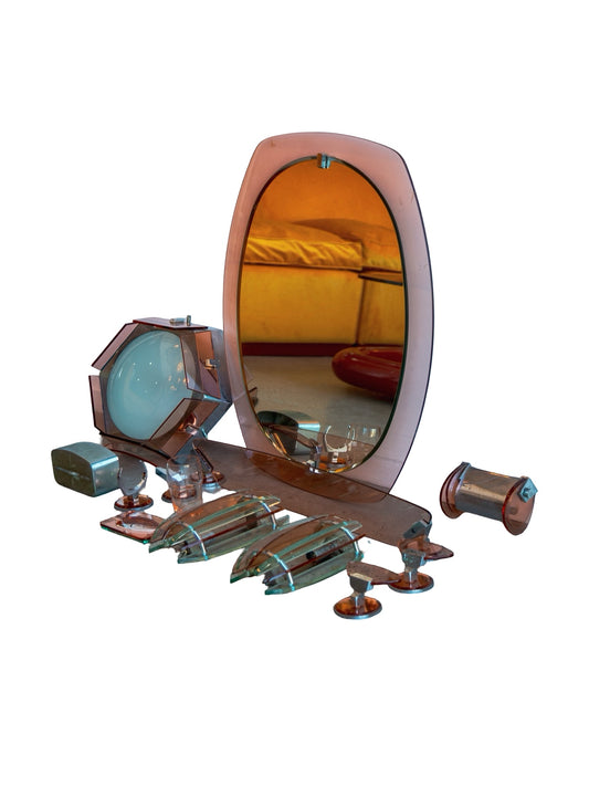 “Complete Italian bathroom set by Fontana Arte, 1970s Space Age design with illuminated mirror, sconces, and smoked glass accessories.”
