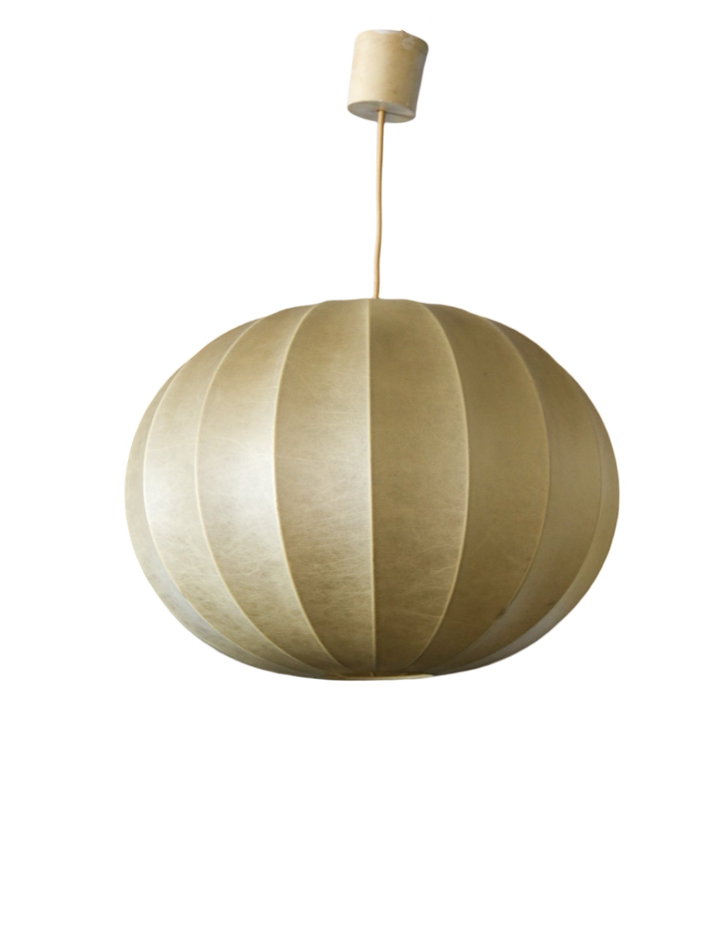 A beige-colored Cocoon Pendant lamp by Achille & Pier Giacomo Castiglioni for Flos, with a textured resin material and a metal wire frame.