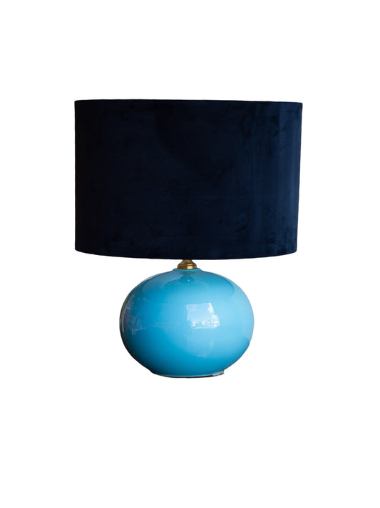 Mid-century Italian ceramic table lamp with blue gradient glaze and navy velvet shade, Società Porcellane Artistiche 1970s