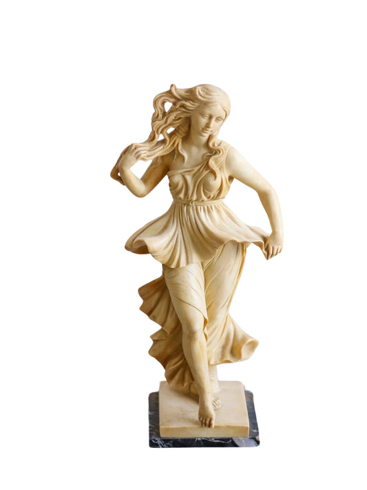 Santini beige resin sculpture of a woman in a dynamic running pose, placed on a black rectangular base.