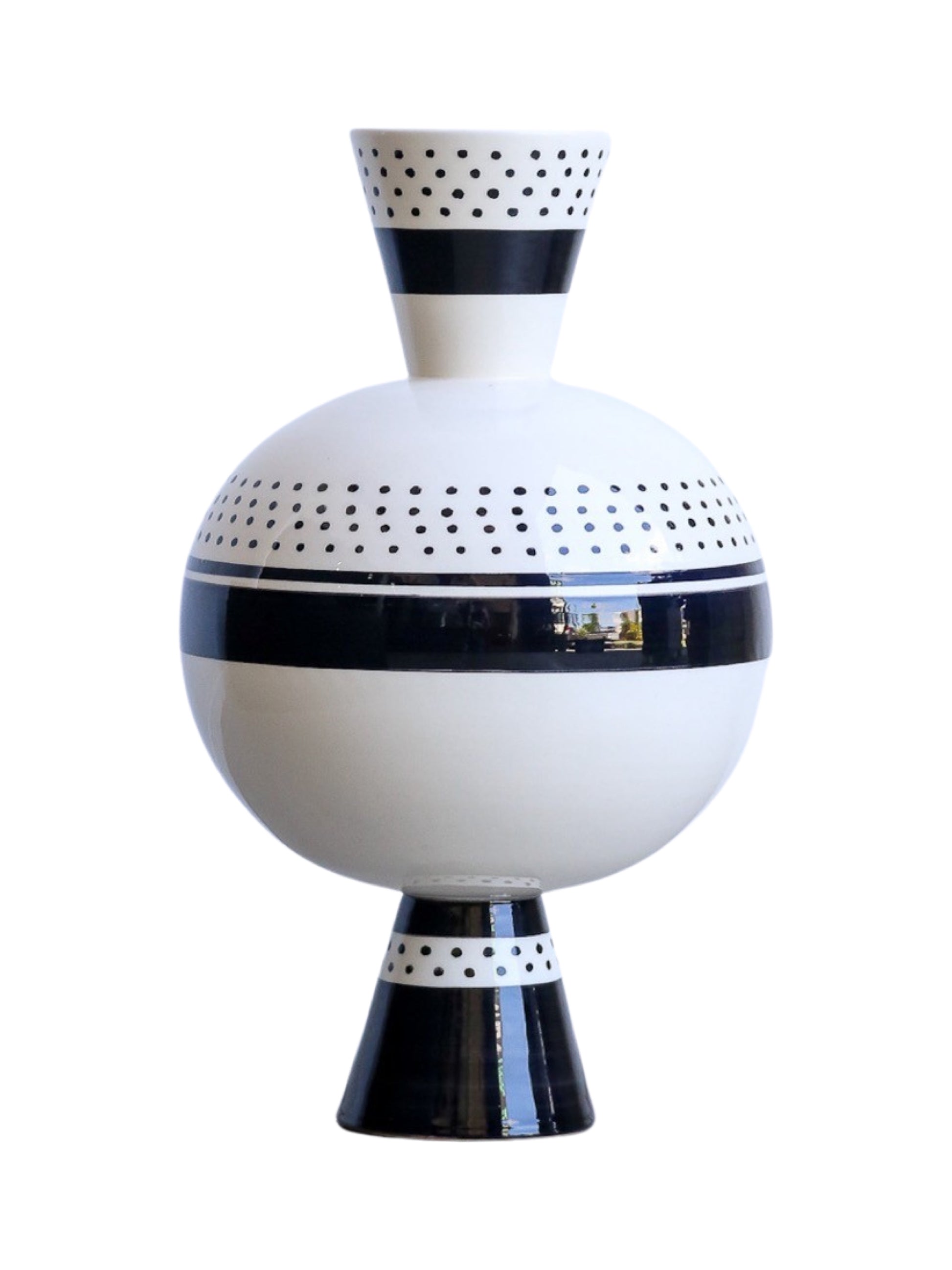 Large vase by Ugo la Pietra with Black, White Art Work and white Background