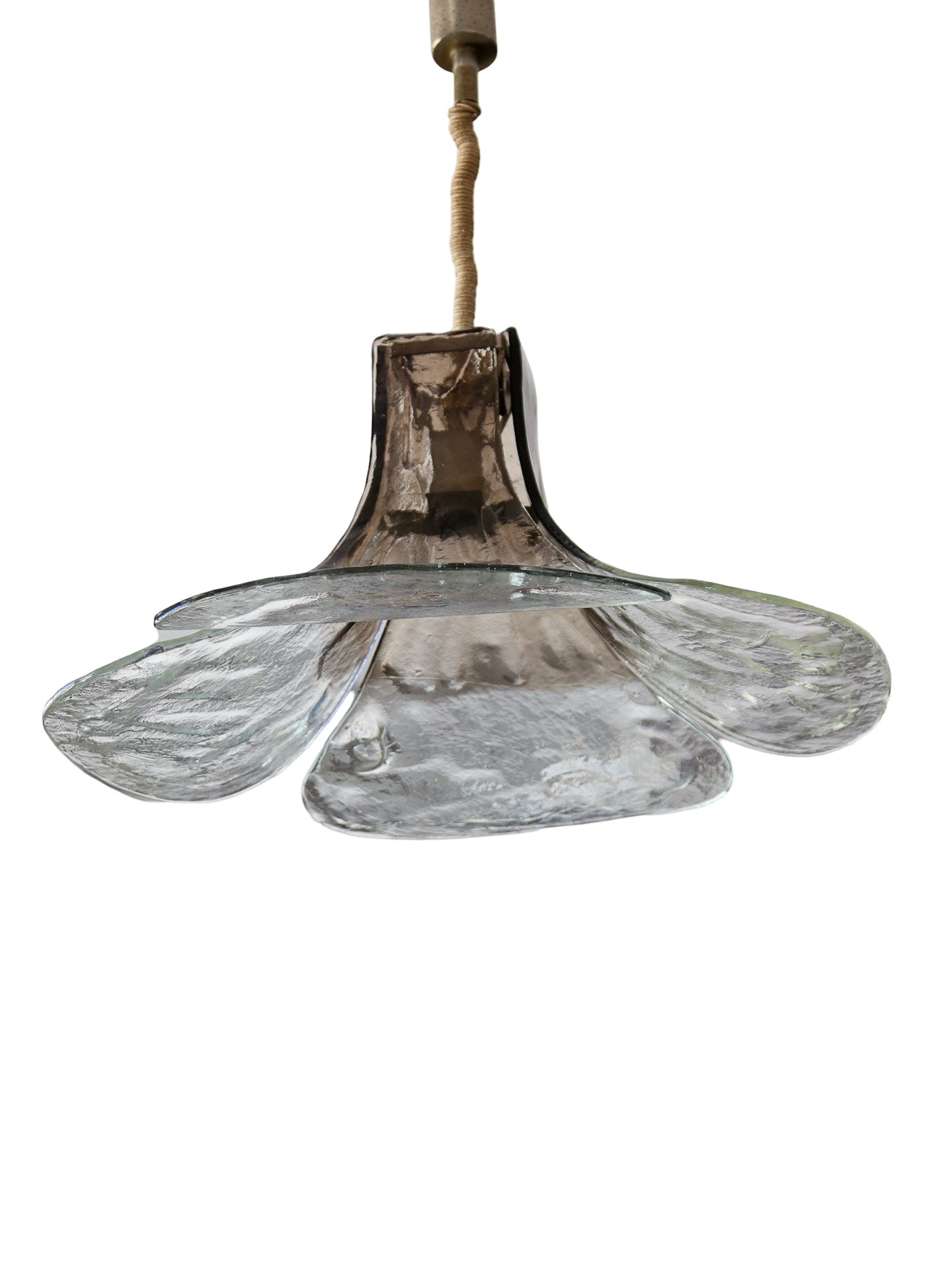A vintage Carlo Nason for Mazzega Murano glass flower pendant light with a hanging metal rod and blown glass components.