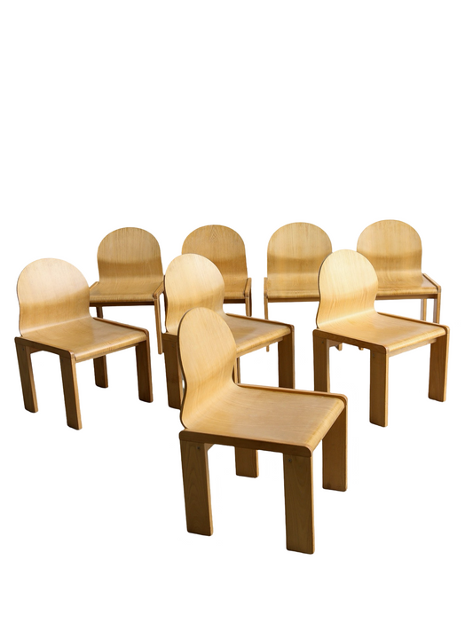 Set of eight 1970s plywood dining chairs by Afra & Tobia Scarpa, Mid Century Modern design.