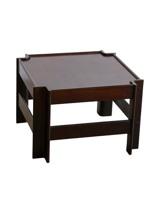 Vintage Zelda side table by Sergio Asti for Poltronova, made of timber, with a rectangular top and a cylindrical base, displayed against a white background.