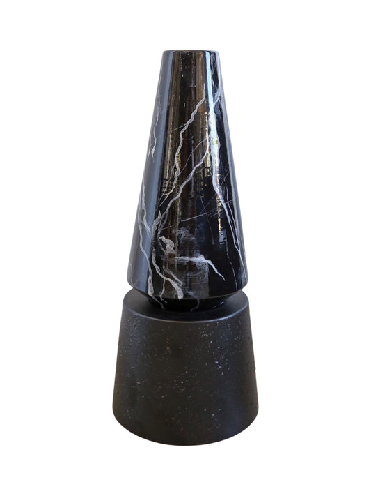 A conical clay vase by Luca Binaglia for Rometti with a matte black finish at the base and glossy black glaze with white decoration on the upper part.