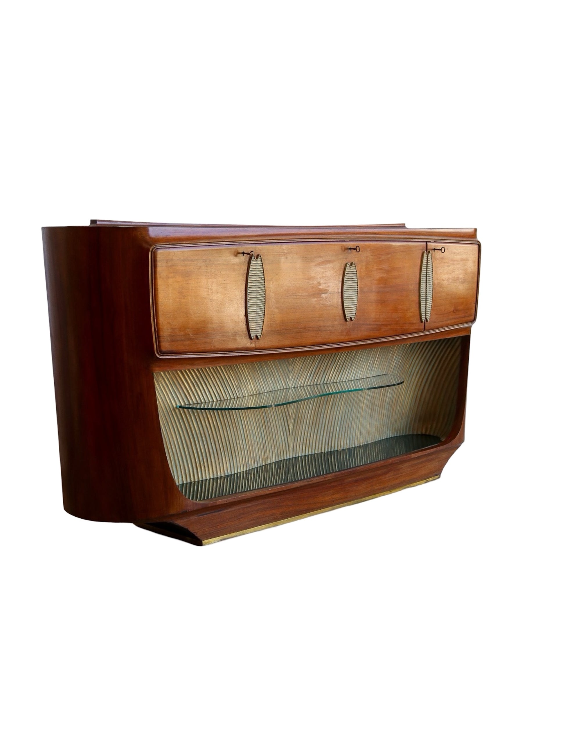 Vintage rosewood bar cabinet by Vittorio Dassi with two side doors and a mirrored central bar compartment, featuring brass front decorations and green glass on the upper and lower top, with a glass shelf above the lower top.