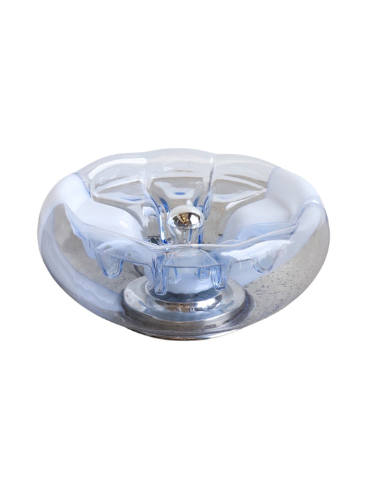 A Tony Zuccheri Murano Glass table lamp with a metal base, featuring a round glass shade with chrome accents and a circular metal base.