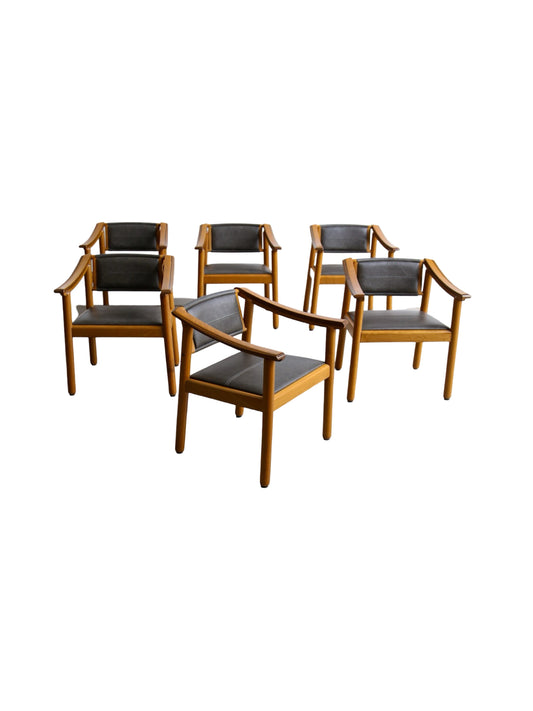 Set of six Italian mid-century modern armchairs by Pierre Cardin for Maxalto, walnut and dark leather, 1980s