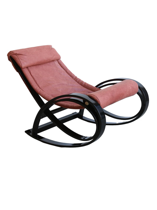 A vintage Aulenti Sgarsul rocking chair with brown suede upholstery and a black metal frame and rockers.