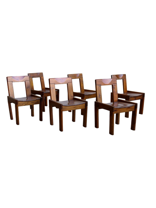 Set of six Italian mid-century dining chairs by Silvio Coppola in pine wood, 1970s