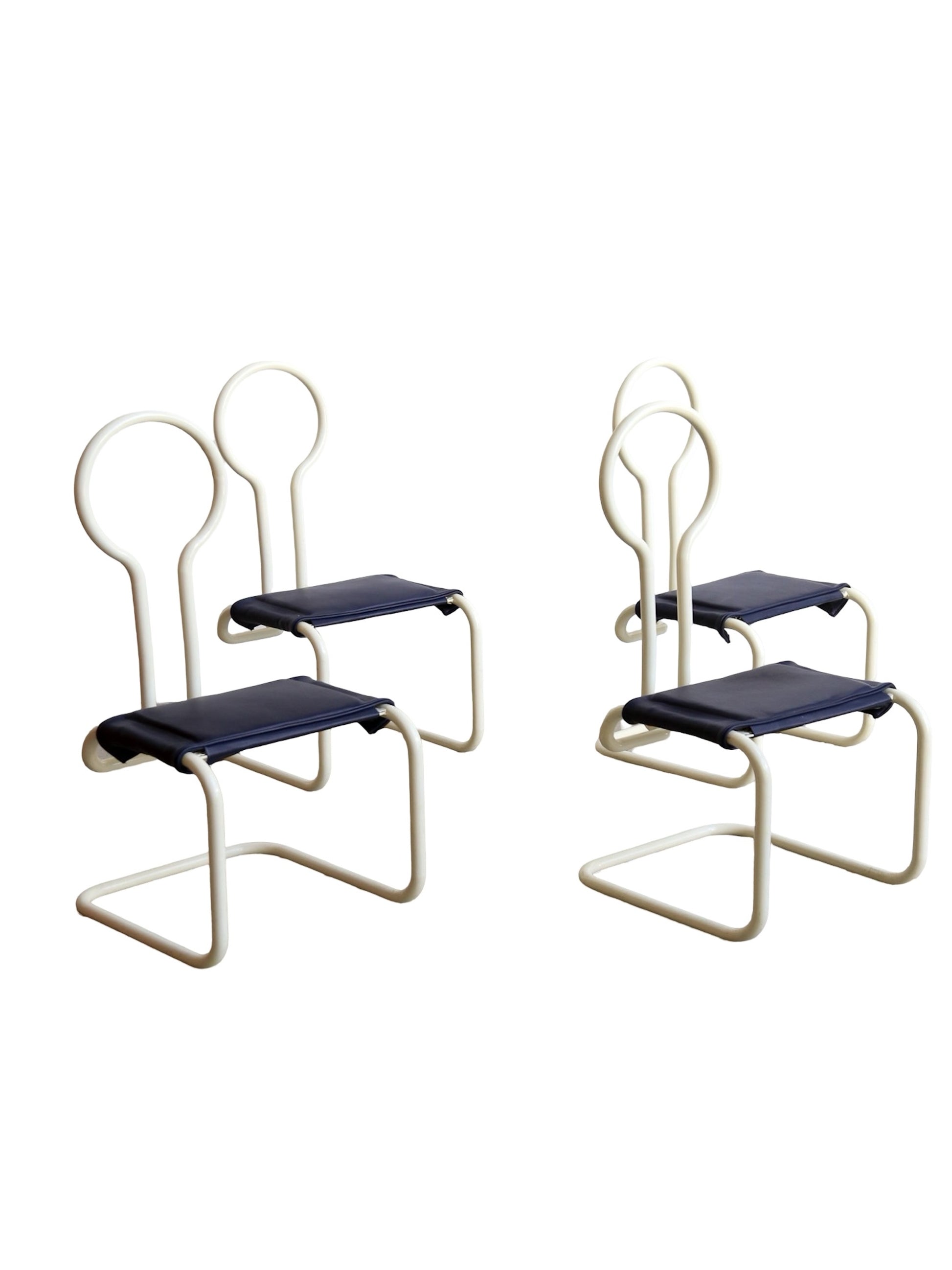 “Marzio Cecchi sculptural dining chairs for Studio Most, tubular steel and leather, Italy 1970s”