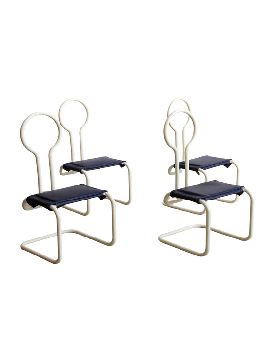 “Marzio Cecchi sculptural dining chairs for Studio Most, tubular steel and leather, Italy 1970s”