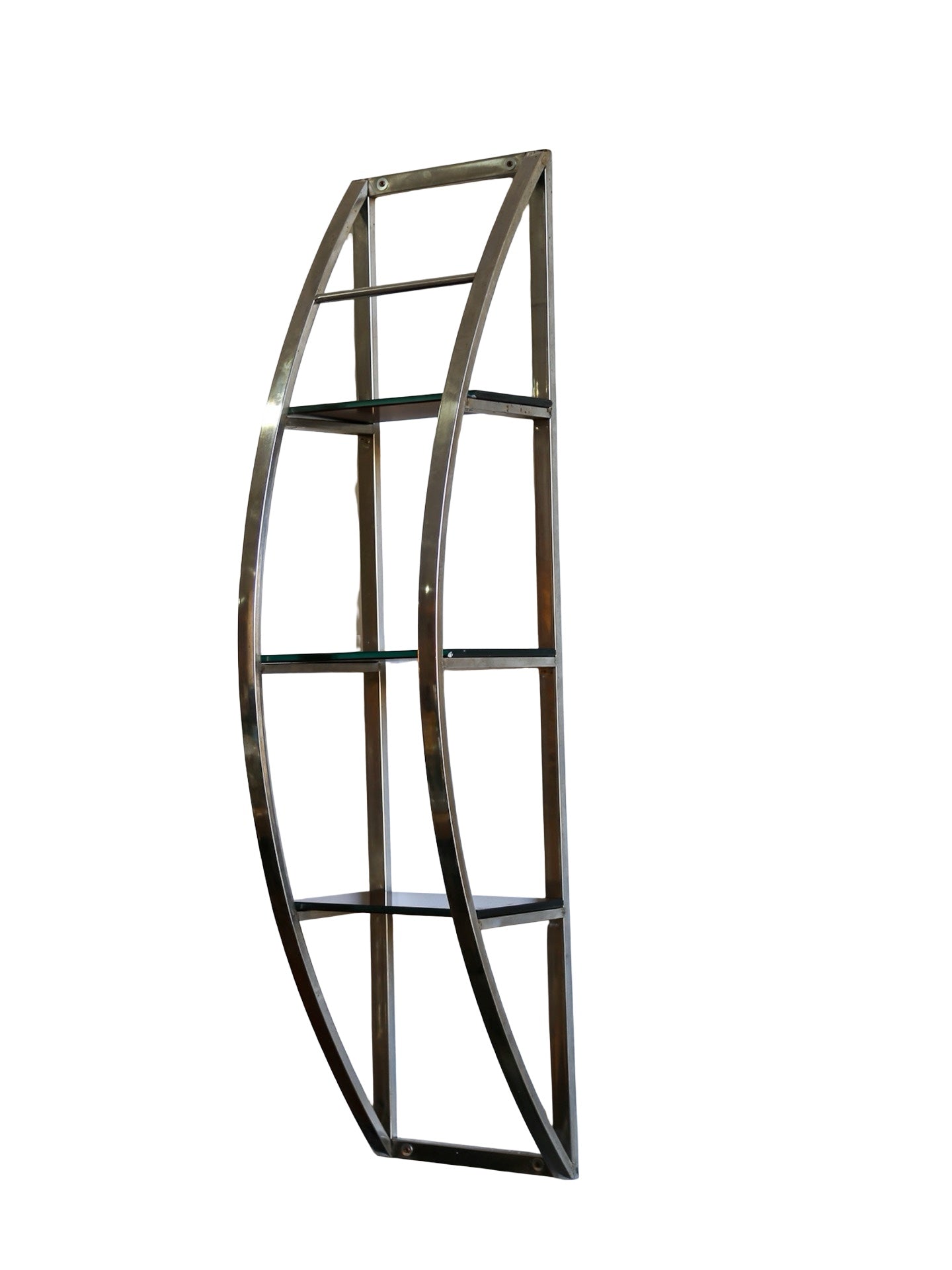 Isolated product image of Italian vintage chrome and glass shelf by Giuseppe Raimondi on white background