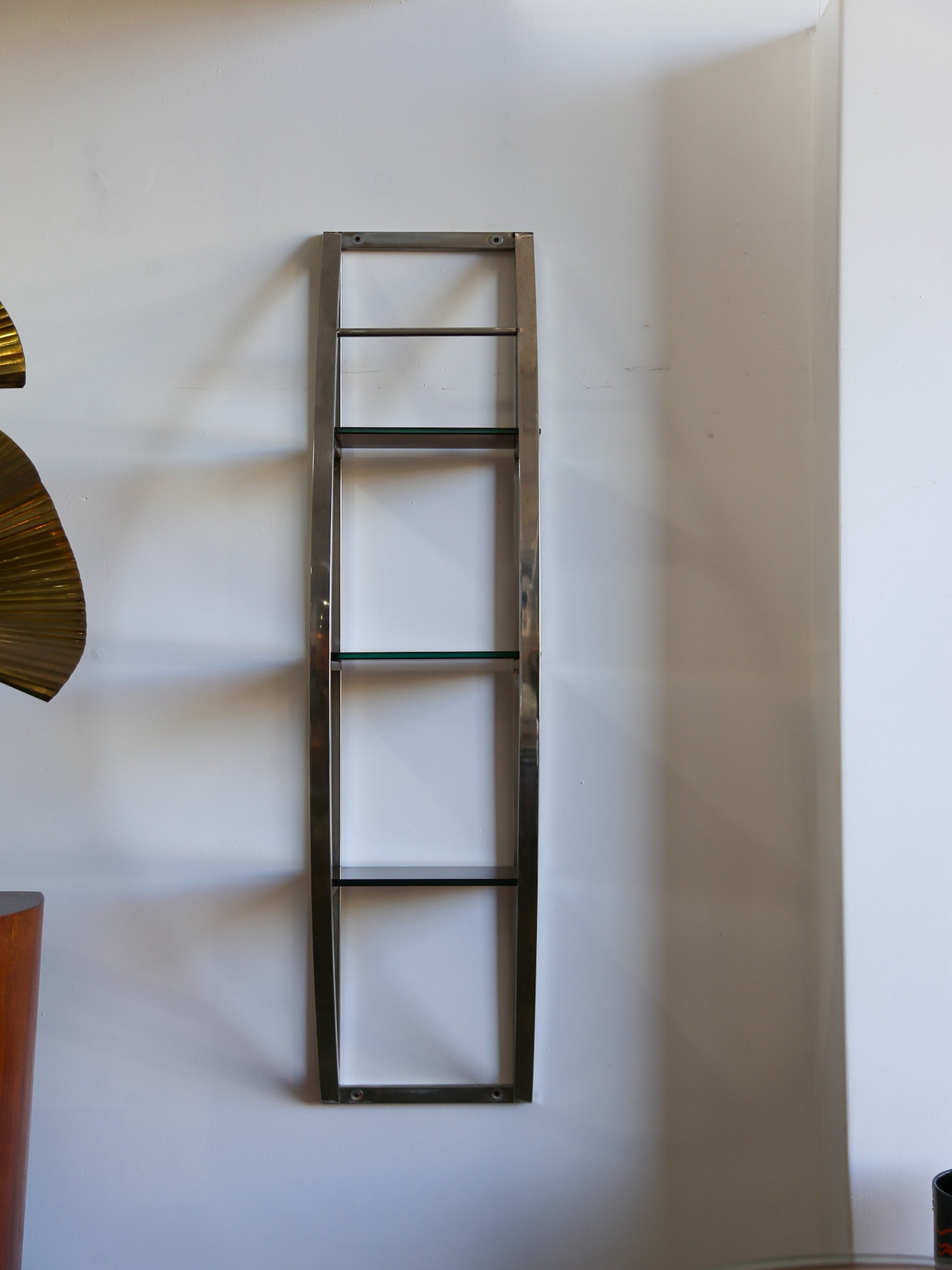 : Full front view of Italian vintage chrome and glass wall shelf by Giuseppe Raimondi