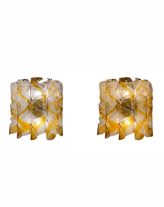 mid-century modern murano amber and clear wall sconces, mazzega 1970s