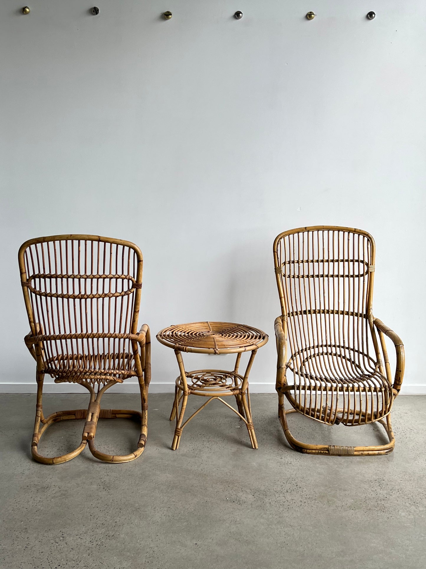 Italian Set of Two Chairs & Side Table in Bamboo by Tito Agnoli, 1960s