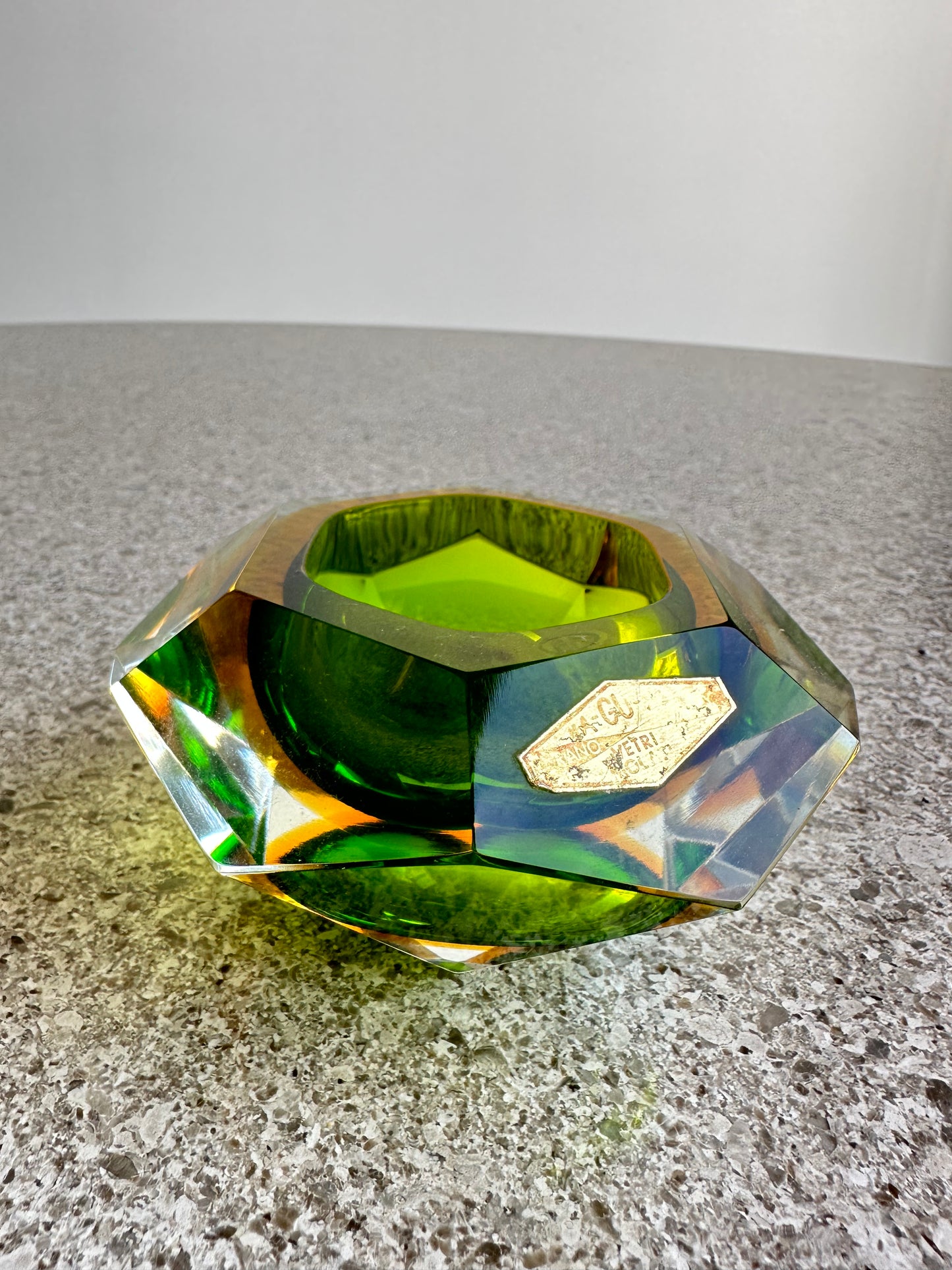 Mandruzzato Italian Murano Sommerso Green and Brown Thick Glass Ashtray, 1960s