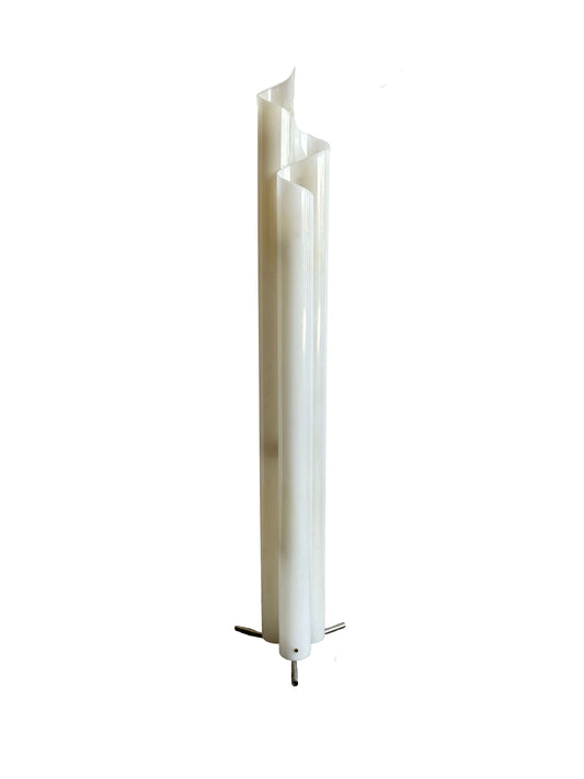 A 'Chimera' floor lamp by Vico Magistretti for Artemide, featuring a distinctive design with three chrome feet and a plexiglass shade.