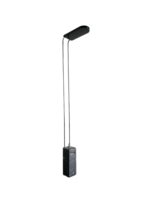 Gesto Floor Lamp by Bruno Gecchelin for Skipper with a white marble base, black hood, and chromed tubular body.