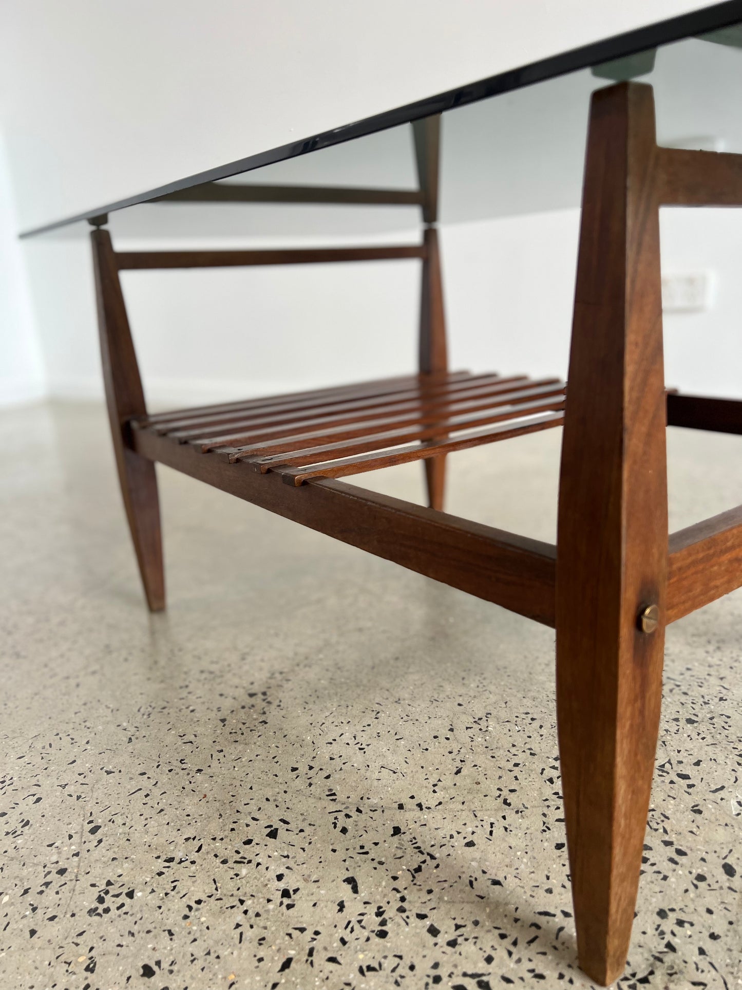 Mid Century Modern Italian Smoked Glass and Teak Base Coffee Table, 1960s