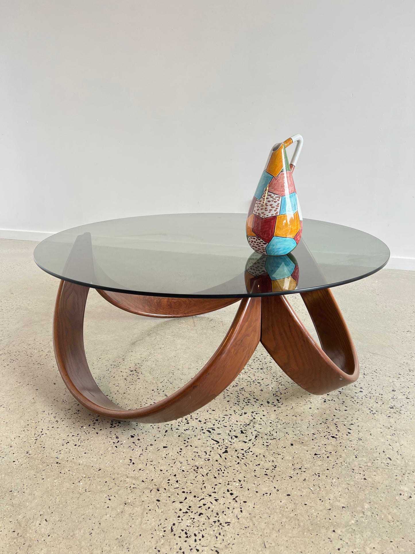 Italian Mid Century Modern Beechwood Curved Base with Smoked Glass Coffee Table, 1970