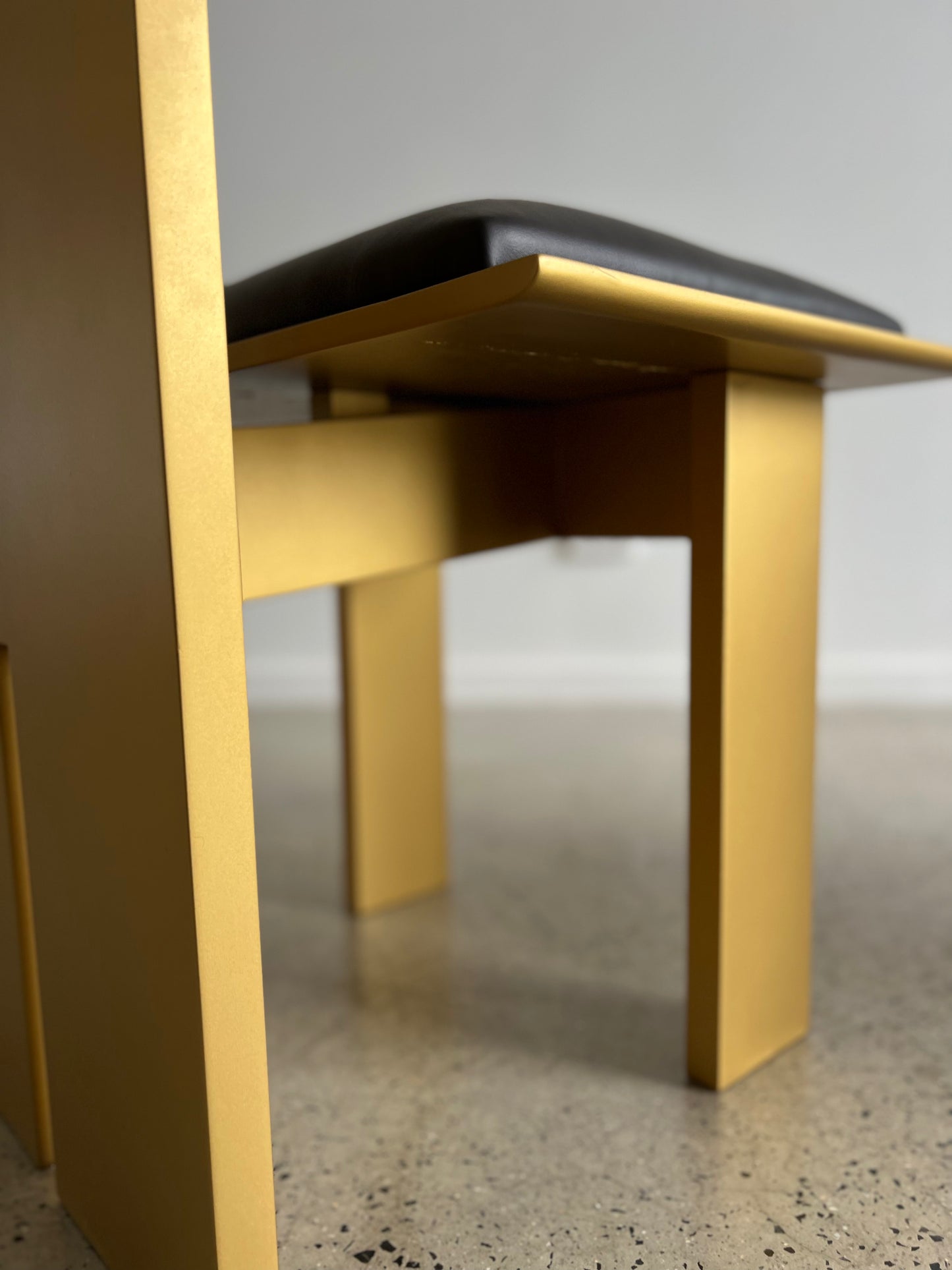 Italian Dining Chairs Art Deco, Pair of two in Gold Laquared Wood and Black Leather, 1980s