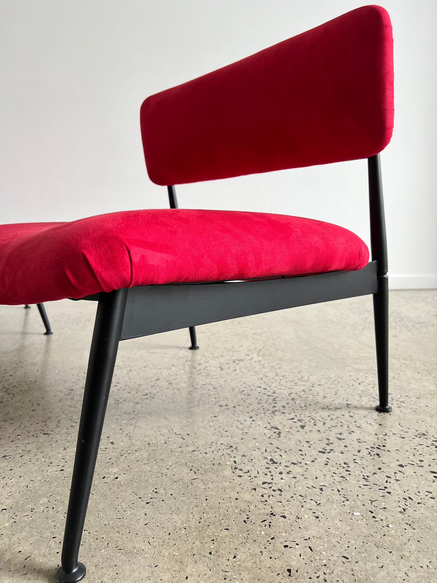 Italian Mid Century Modern Low Lounge Chairs in Red Suede and Metal, 1970s