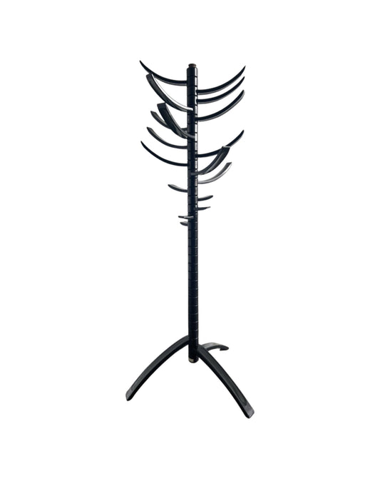 A black lacquered wood coat hanger designed by Bruce Tippet for Gavina Knoll International, featuring a mid-century modern aesthetic with a triangular base and curved hooks.