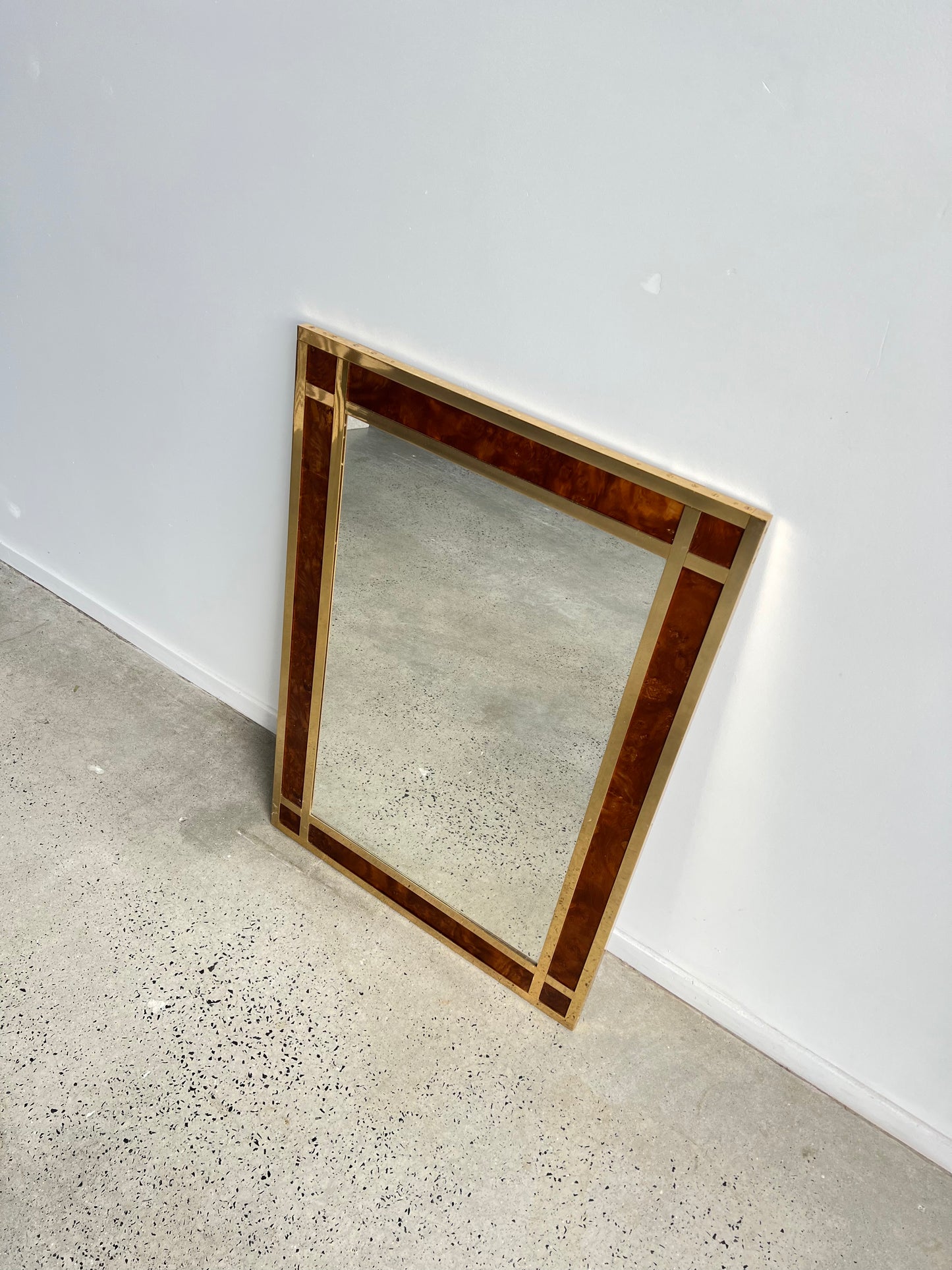 Willy Rizzo Rectangular Burlwood and Brass Wall Mirror, 1970