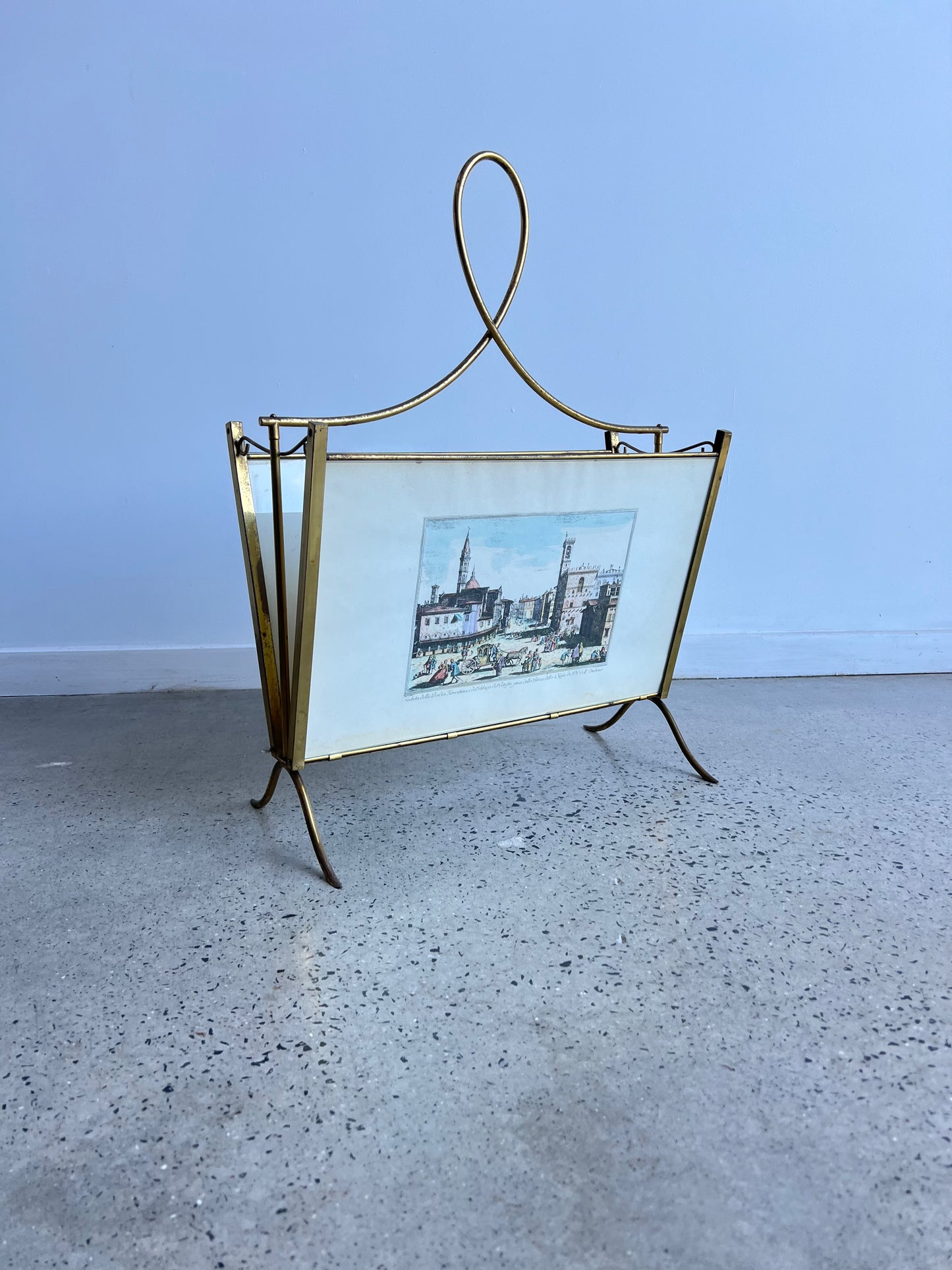 Italian Magazine Holder in Brass and Glass with Florence imagines on Both Sides , 1950s