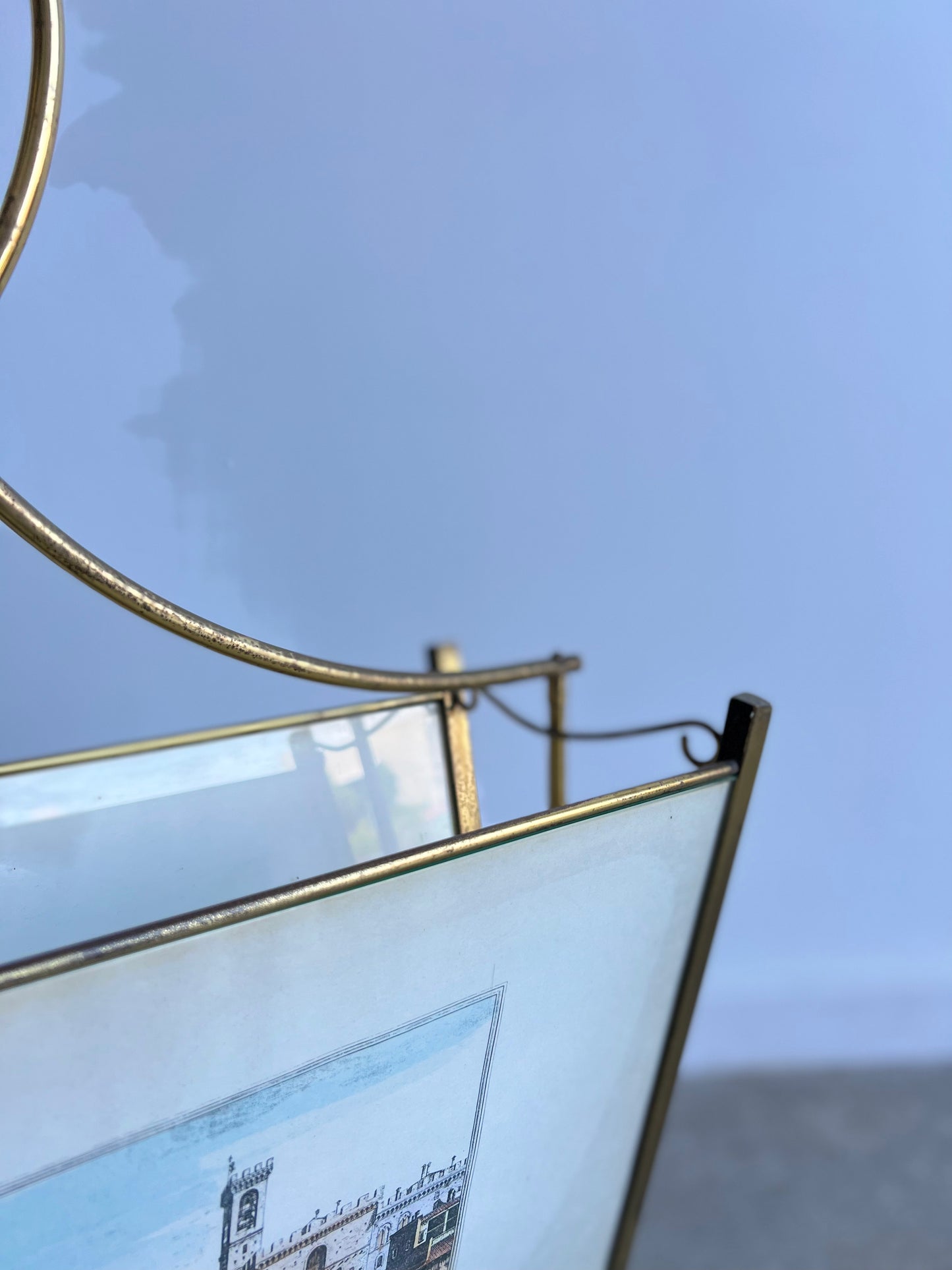 Italian Magazine Holder in Brass and Glass with Florence imagines on Both Sides , 1950s