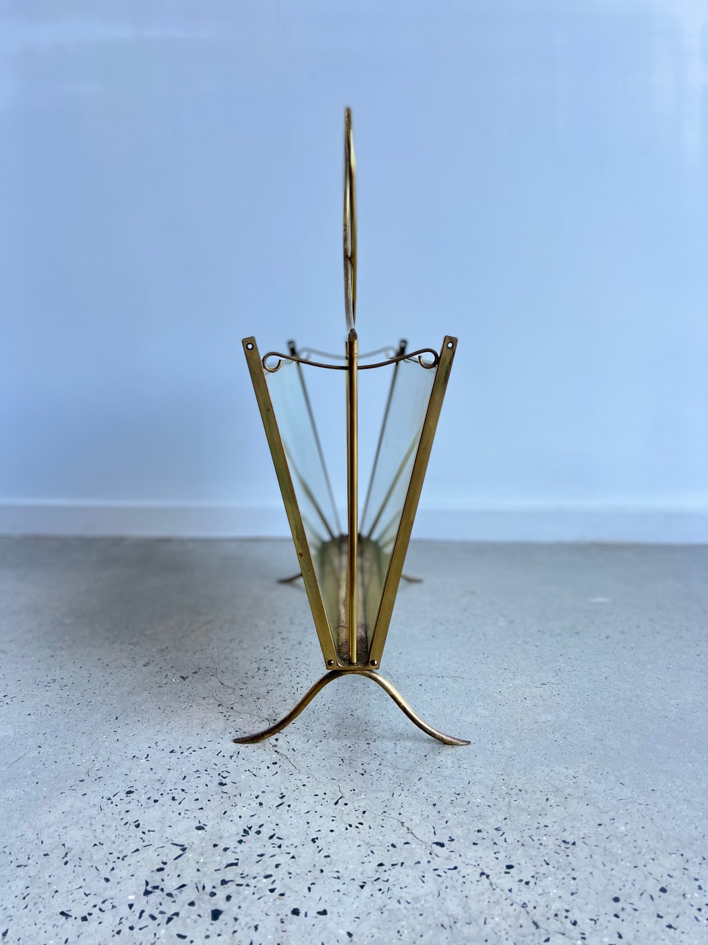 Italian Magazine Holder in Brass and Glass with Florence imagines on Both Sides , 1950s
