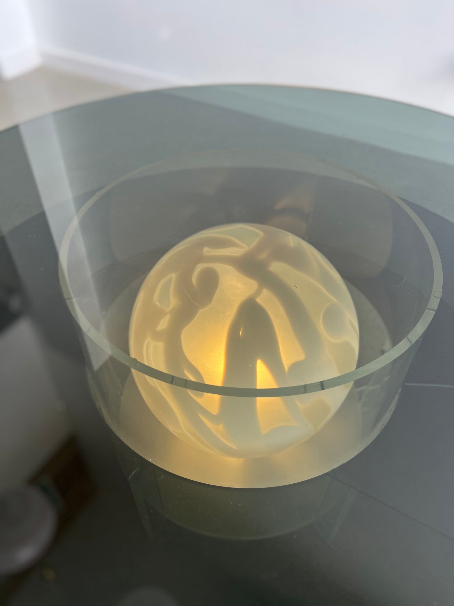 Space Age Round Coffee Table with Smoked Glass, Plexiglass base & inside Murano Glass Ball, 1970s