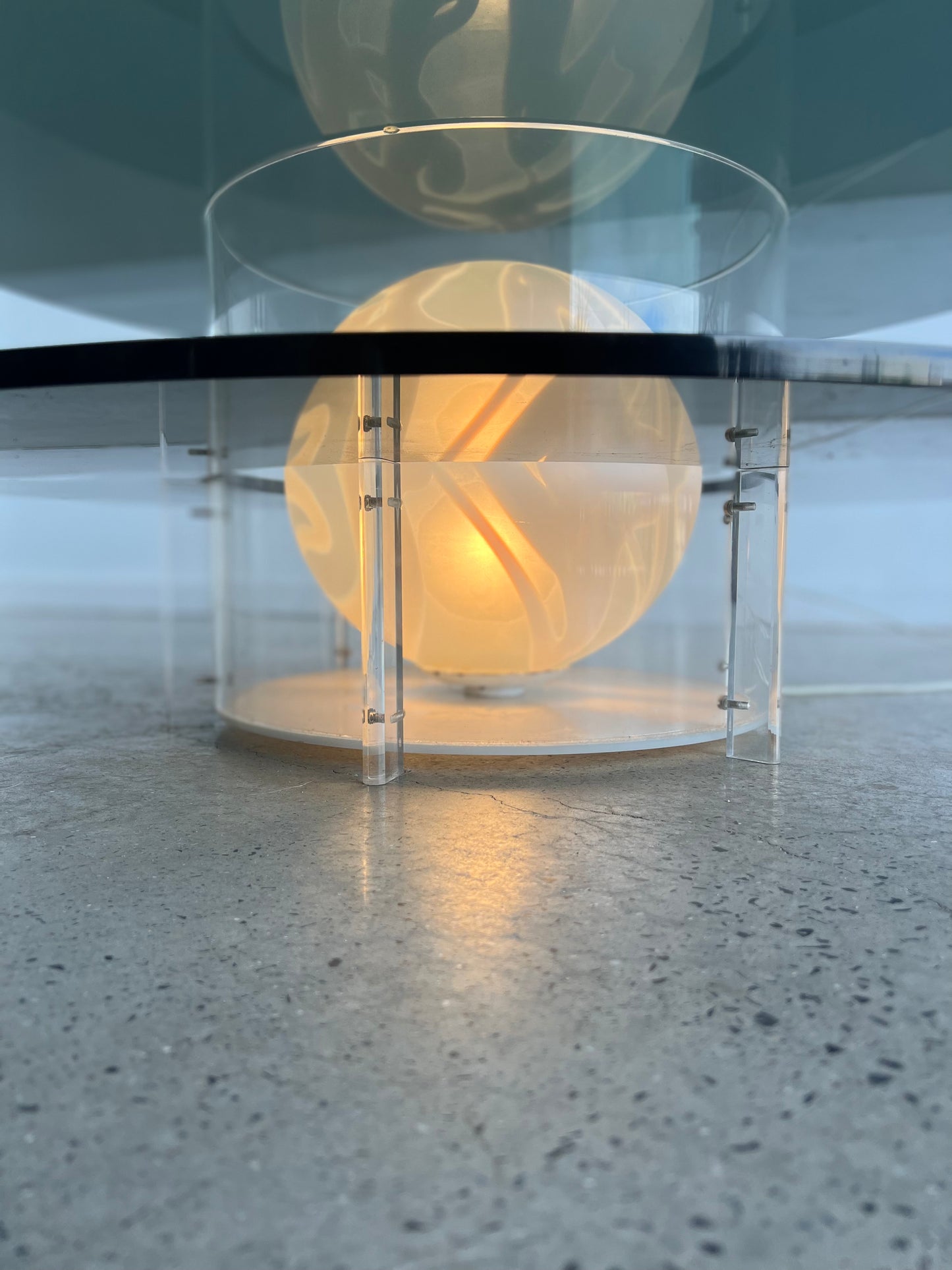 Space Age Round Coffee Table with Smoked Glass, Plexiglass base & inside Murano Glass Ball, 1970s