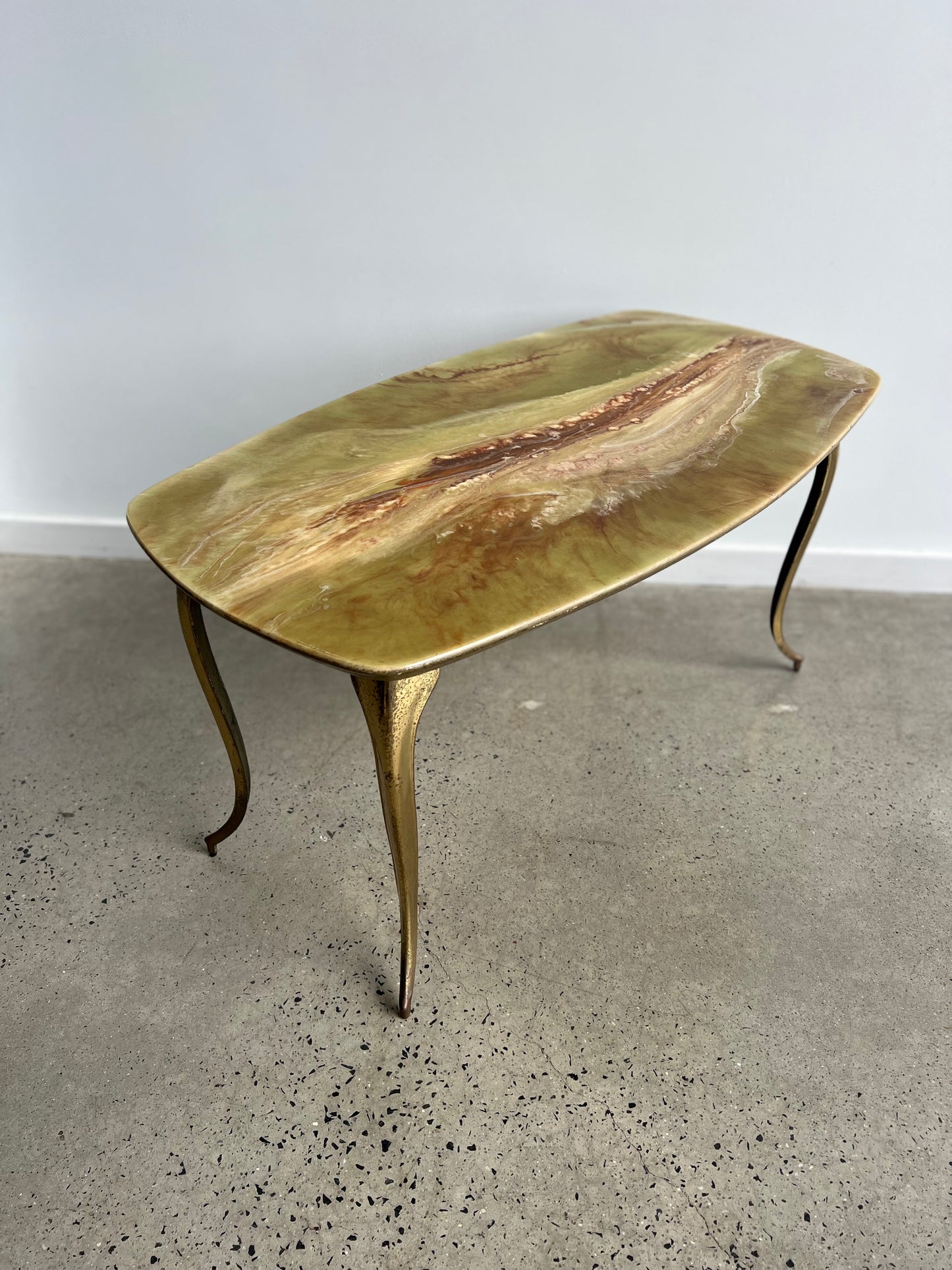 Mid Century Brass Base and Resin Top Italian Coffee Table, 1960s