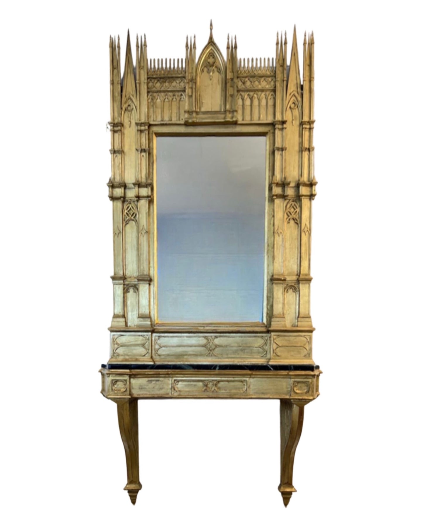 Italian Gothic Style Console with Black Marble and Gold Leaf Work, 1920s