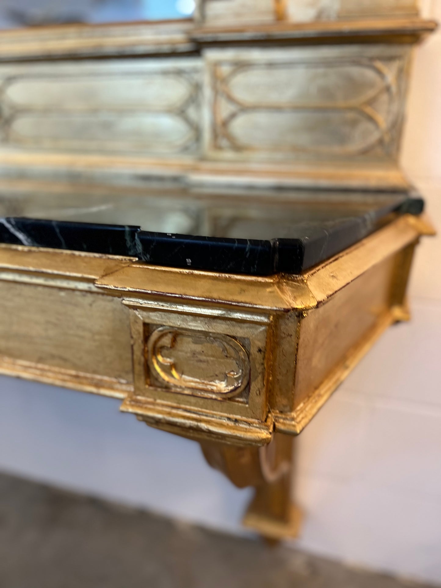 Italian Gothic Console with Mirror and Marble Top, 1920s
