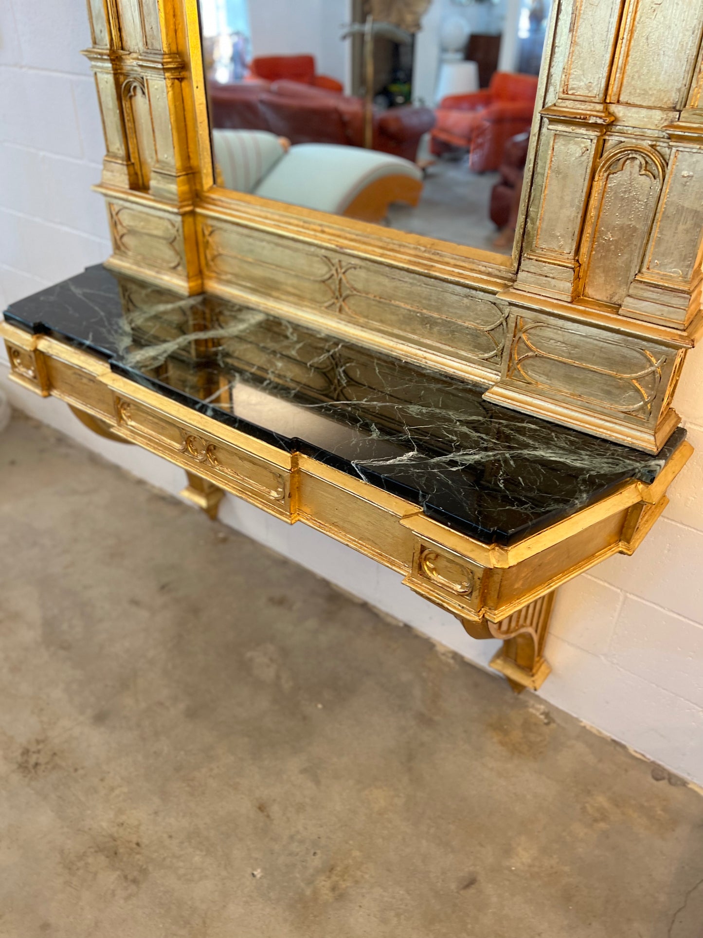 Italian Gothic Console with Mirror and Marble Top, 1920s