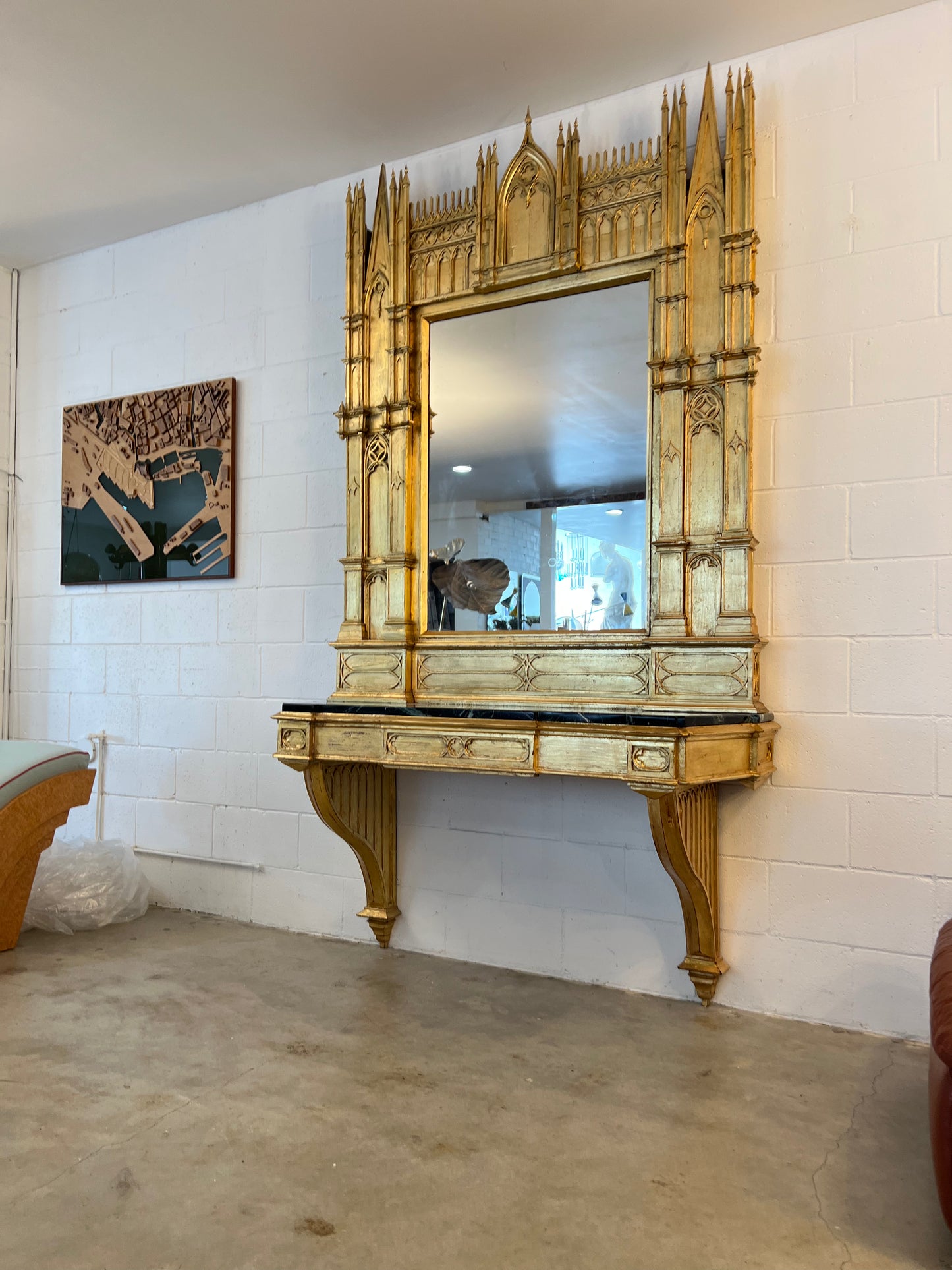 Italian Gothic Style Console with Black Marble and Gold Leaf Work, 1920s